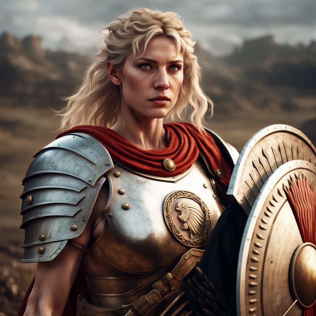 Beautiful Blonde Curvy Female Roman Centurion standing on a Battlefield ...