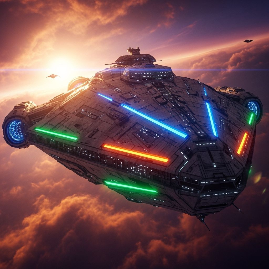 Close up shot of a massive starship, with running lights, cruising in the atmosphere.  2 smaller ships fly past in the distance.