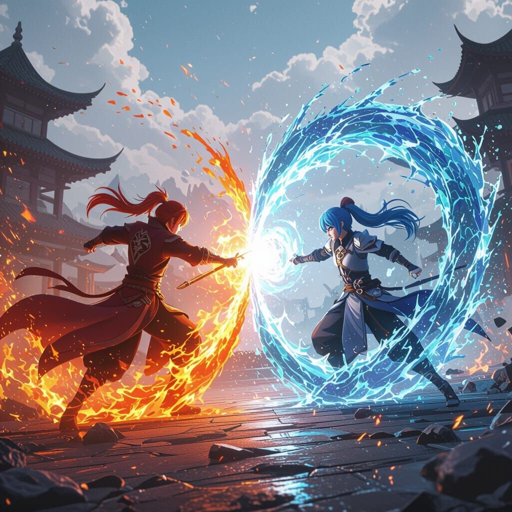 The Fire Master in an epic battle with the Water Master, ether ripping, glowing interdimensional portal ...  by @undefined