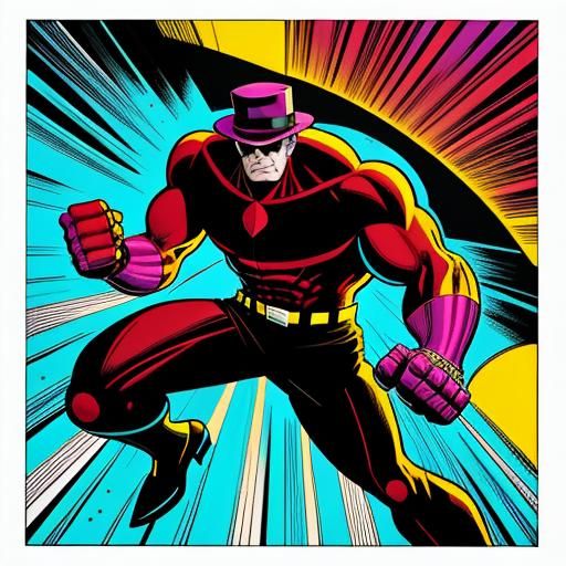 Male mobster in burgundy pinstripe suit and fedora with silver robotic arm. Comic book art. In the style of Jack Kirby. Bold black outlines....