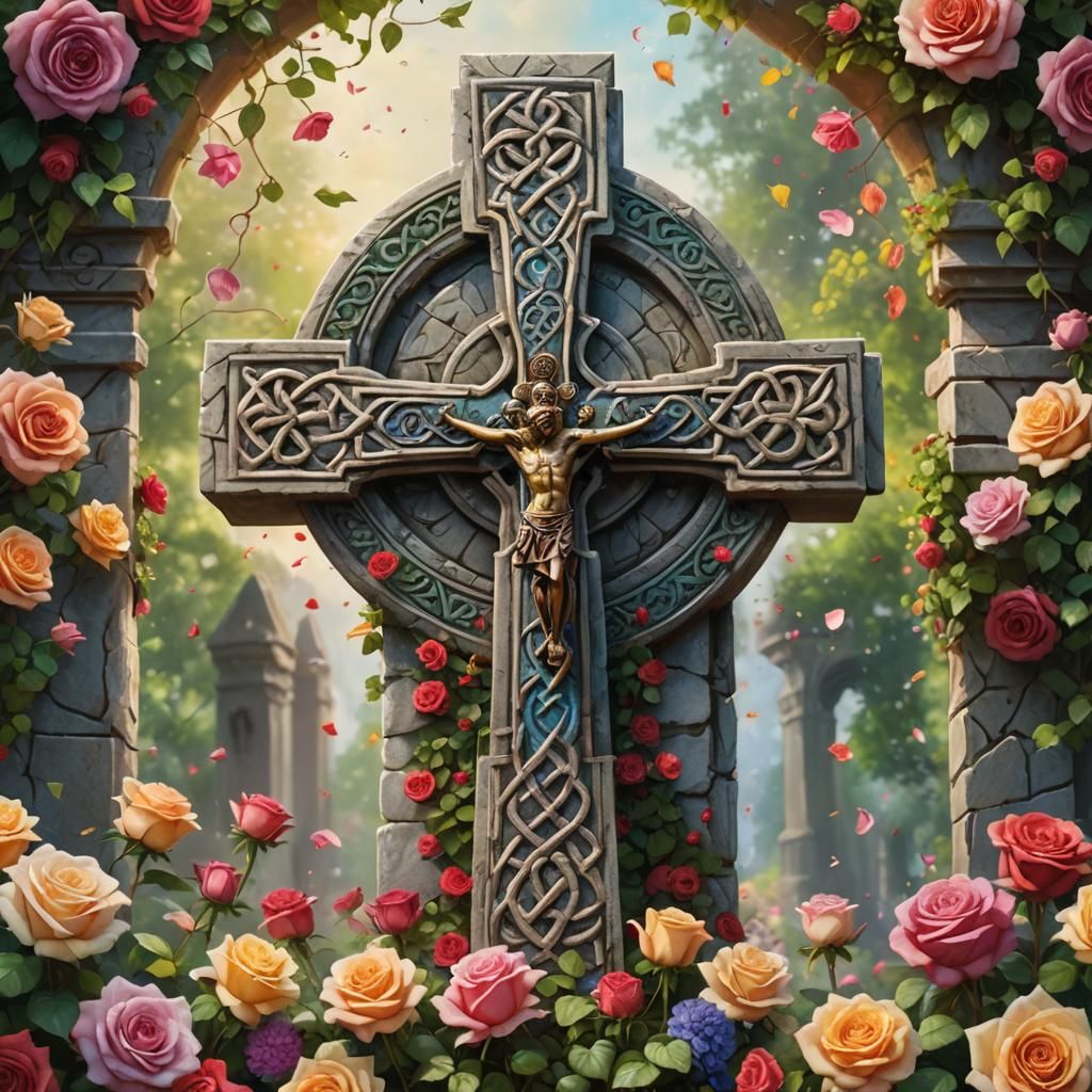 A Celtic cross statue encircled by colorful roses.