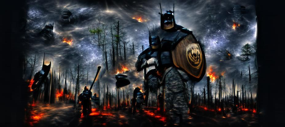 Dark knight with shield leads army through burnt forest 8k r...