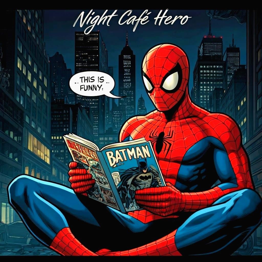Spiderman reading  a comic book on Batman and finds it Funny.   by @Zand