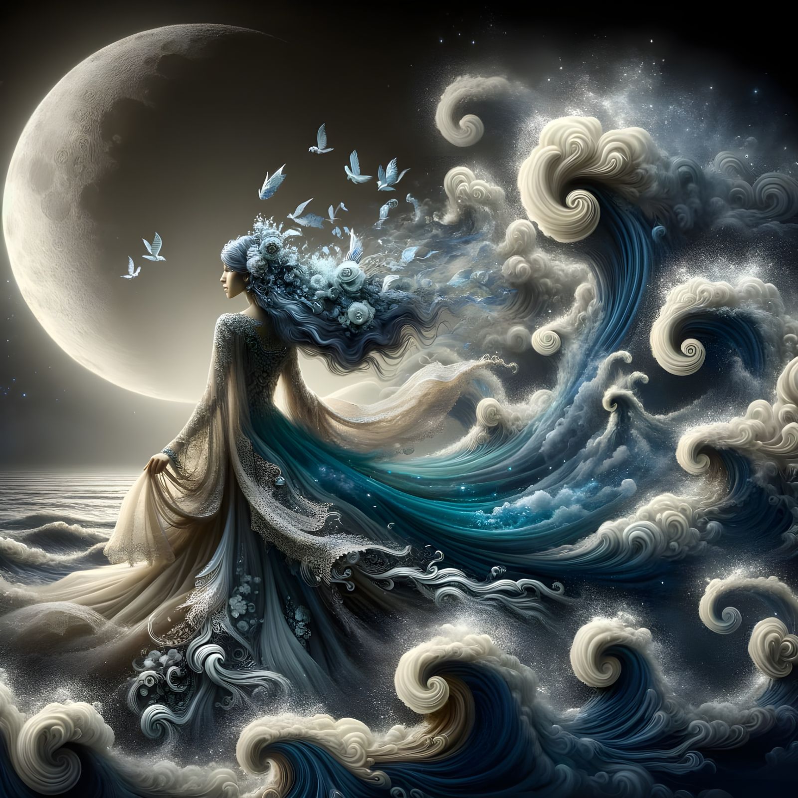 A surreal portrait of a lady whose dress and hair transform into flowing waves and sea foam, glowing ...  by @Pandi Samson 