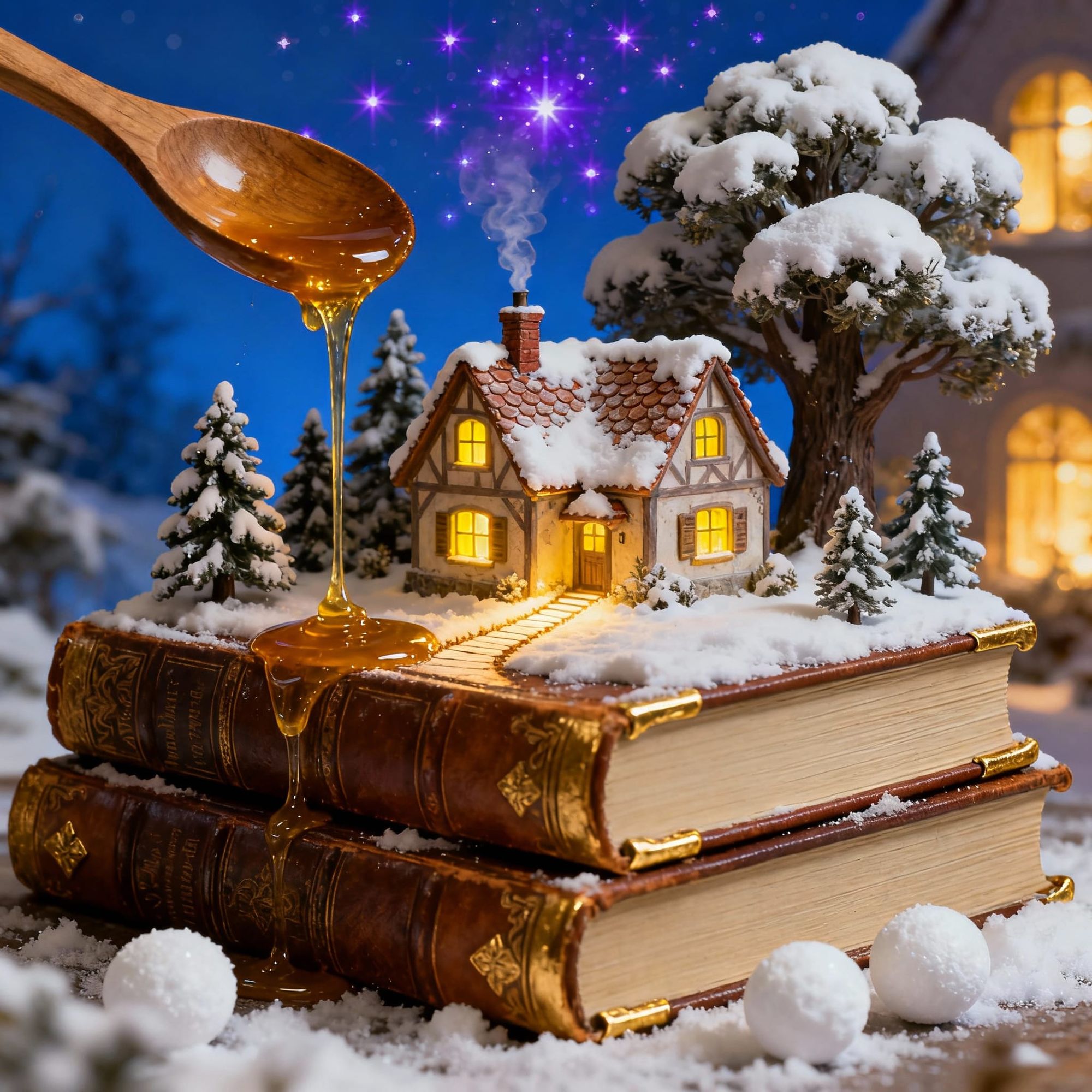 General description:
Creating a surreal image that combines elements of winter, books and magic
Main components:
1. The base - books:

A sta...