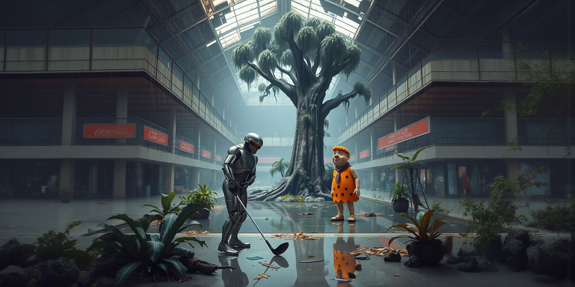 Robocop original  from movie playing golf with Fred Flinstones from cartoon network in an abandoned huge abandoned and decaying  mall with p...