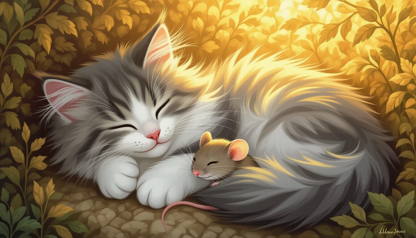 a big kitty cat curled up next to a little sleeping mouse   by @Solfreedom