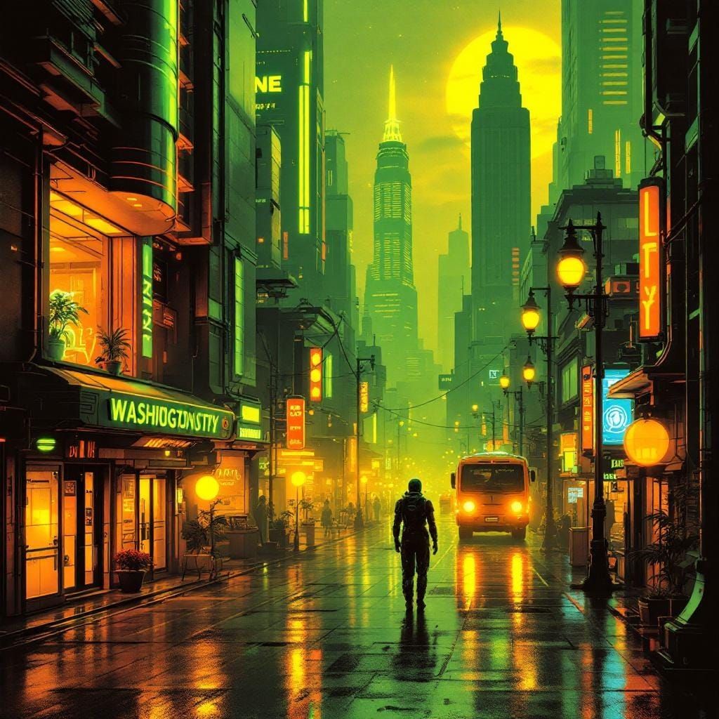 A futuristic city in neon green and neon orange  by @axelb