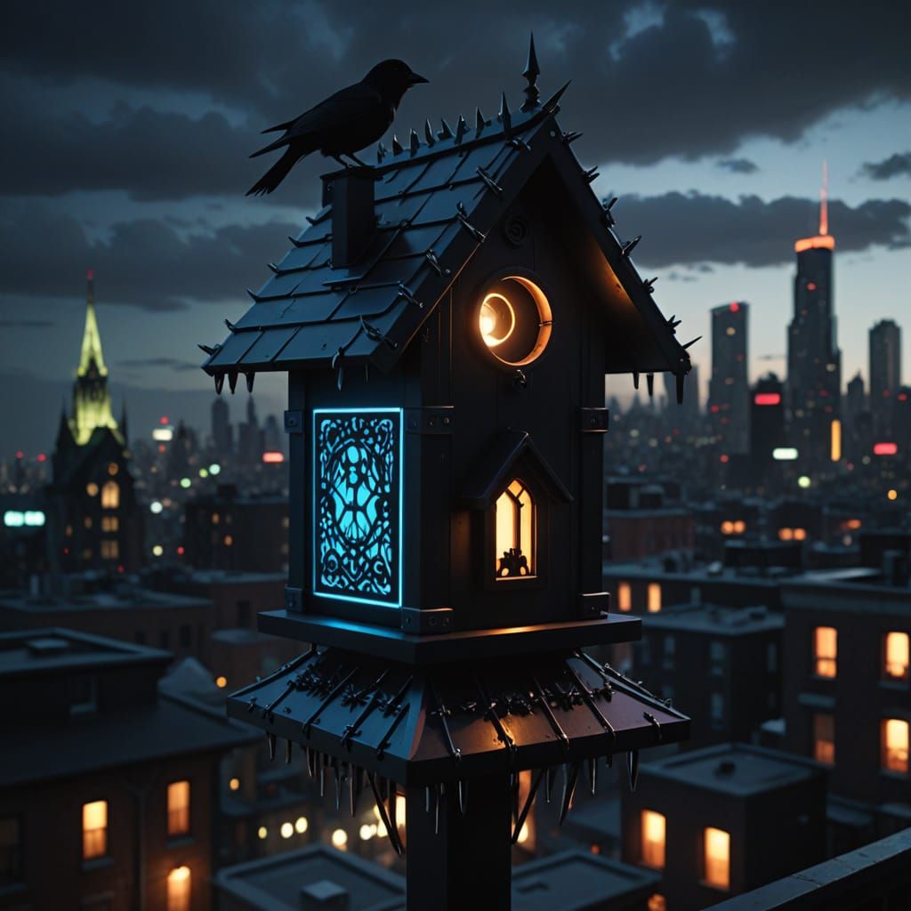 Unhinged, psychotic-looking  birdhouse 