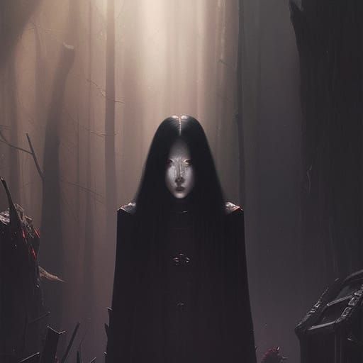 pale japanese woman with long black hair  in front of her fa...