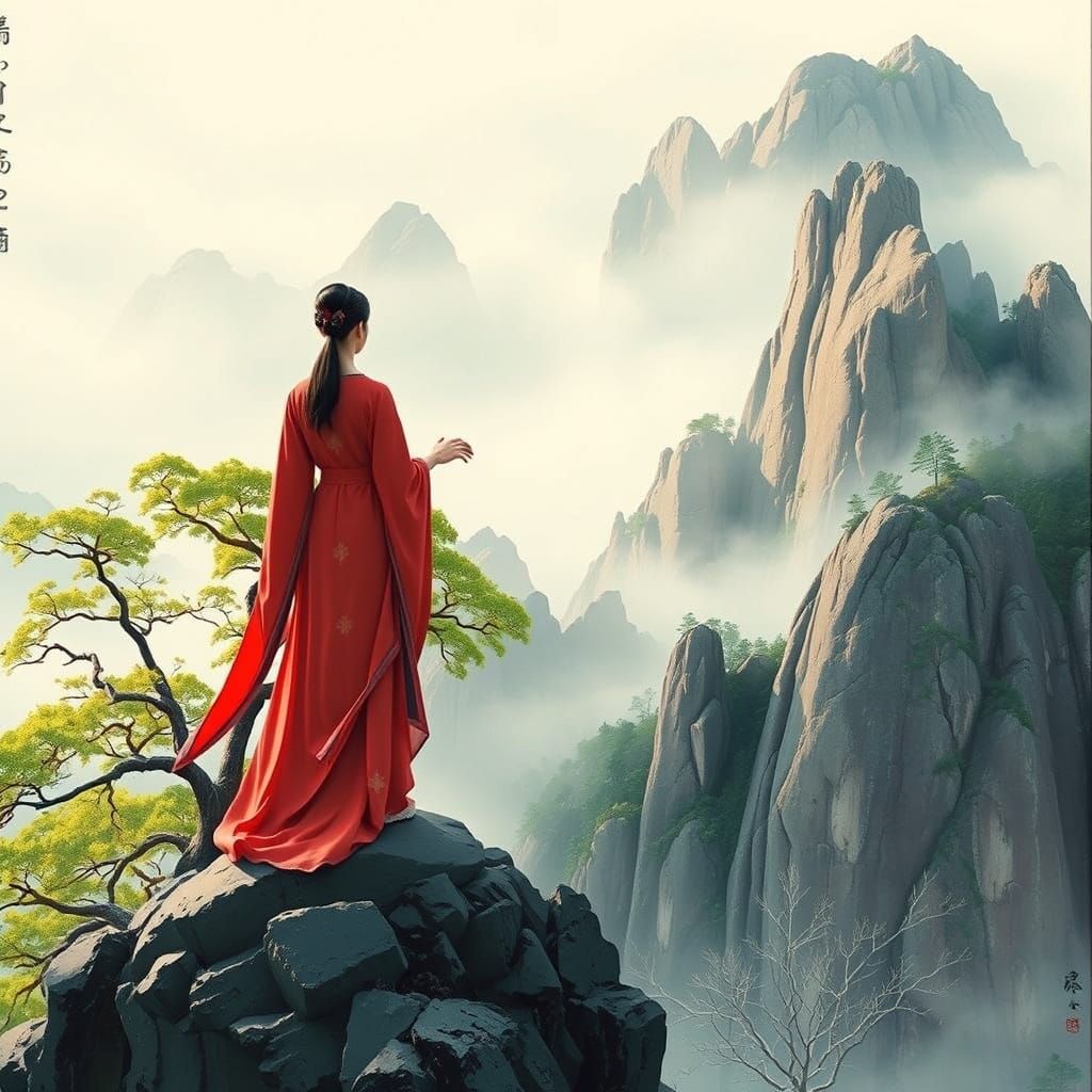 Serene Woman in Mountain Landscape, Qi Baishi Style