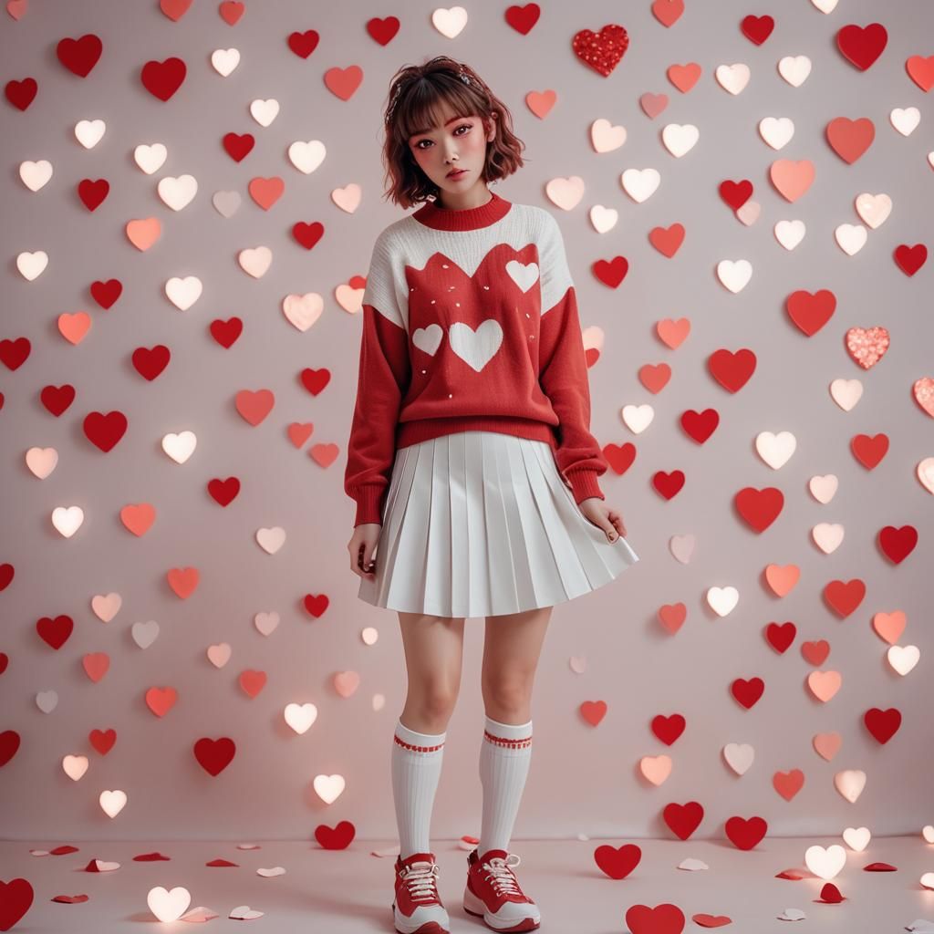 Pastel Kawaii Girl Surrounded by Pixelated Hearts