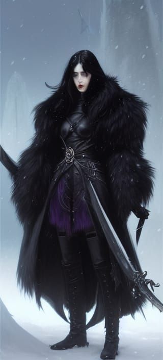 Tall, long legs, black hair, black leather armor, white fur ...