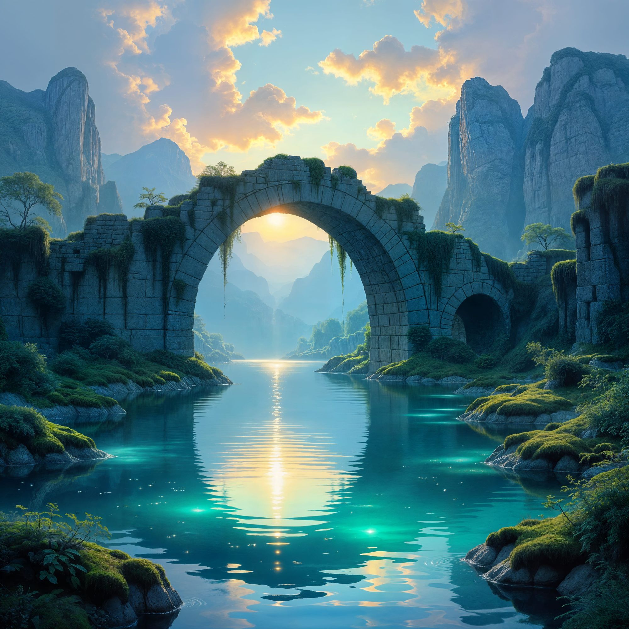 A colossal, ancient stone bridge, half-submerged in a tranquil, bioluminescent lake. Ethereal light emanates from glowing flora and fauna be...