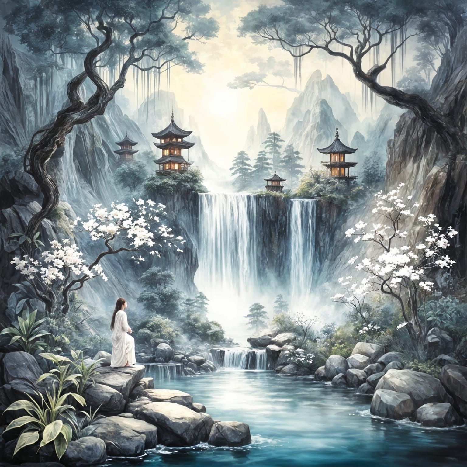 A solitary woman meditating within a serene, otherworldly garden, where crystalline flowers bloom and ...