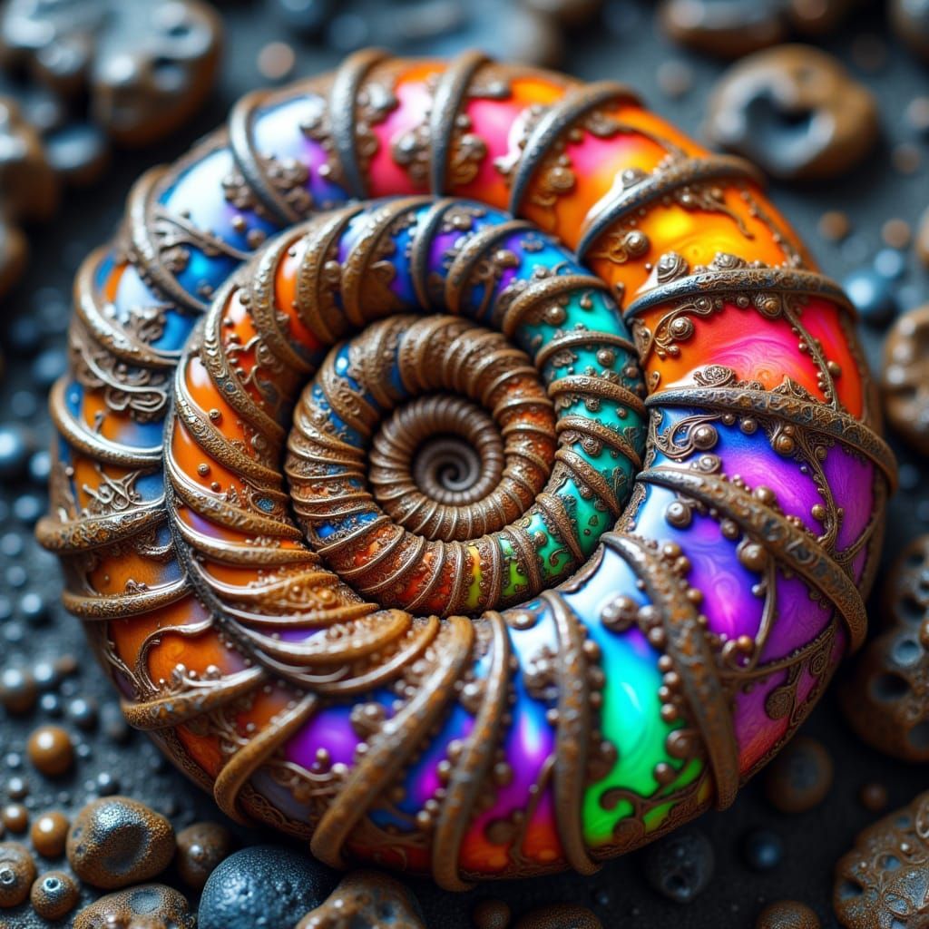 Polished vibrant opalescent ammonite fossil fractal, Macro, underwater, golden ratio, mathematical spiral shape, artistic splash art, brush ...