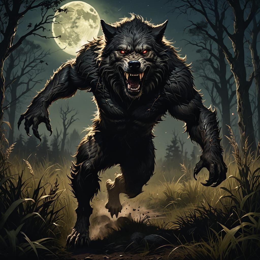 a dark horror-style, modern werewolf outside at night, leapi...