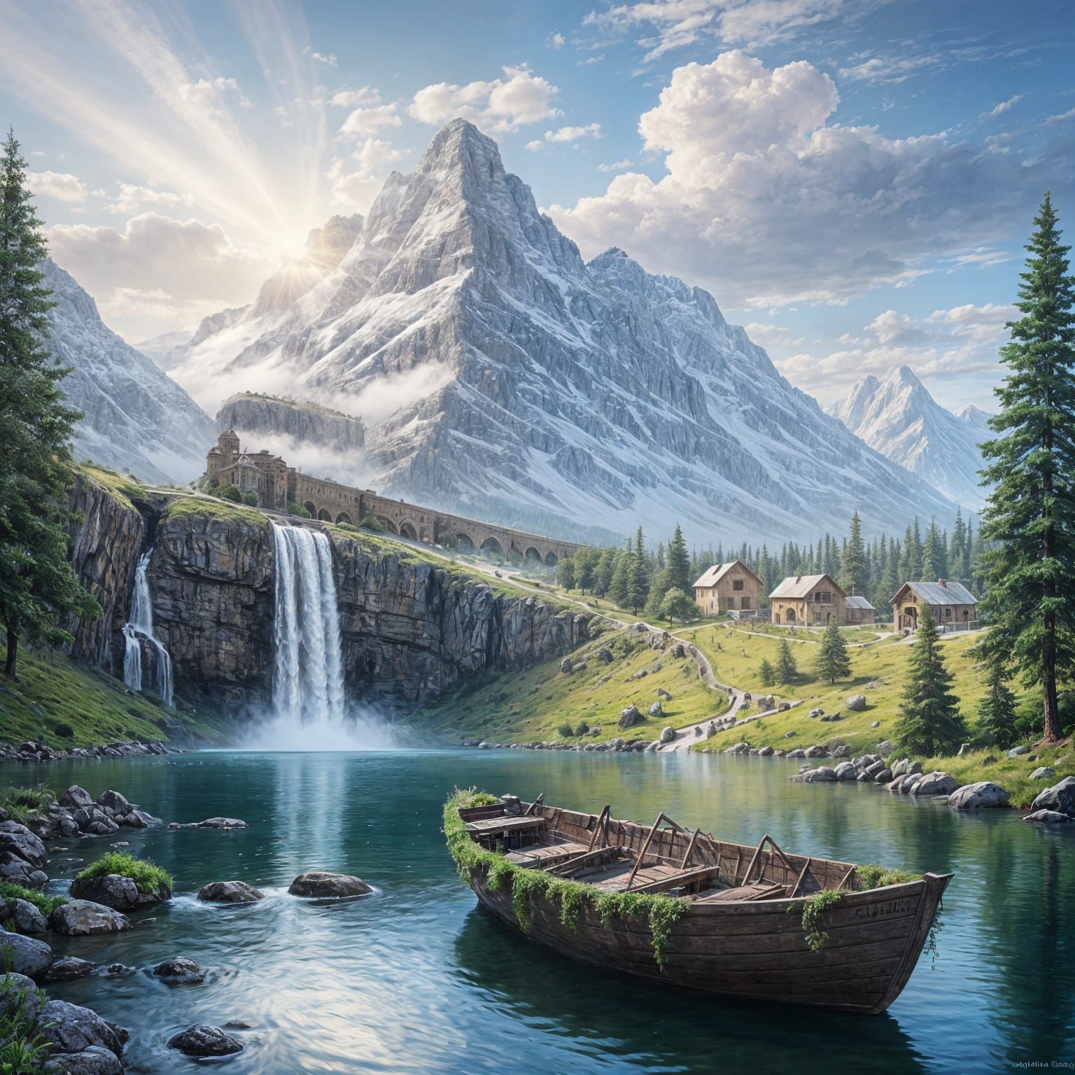 Snowy Mountain Train and Serene Lake Landscape