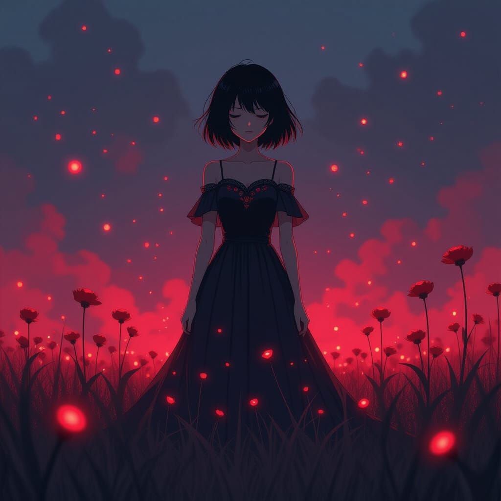 Anime Girl in Glowing Red Flora Field