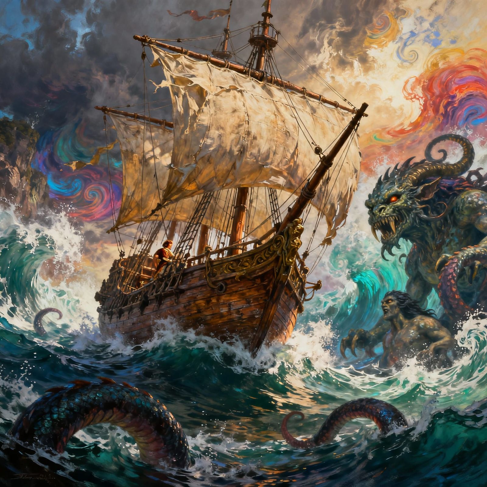 Ulysses' ancient sail ship passes between Scylla and Charybdis   by @ThomasG