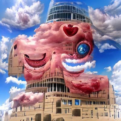 a gigant building made out of eyes and flesh on a city of or...