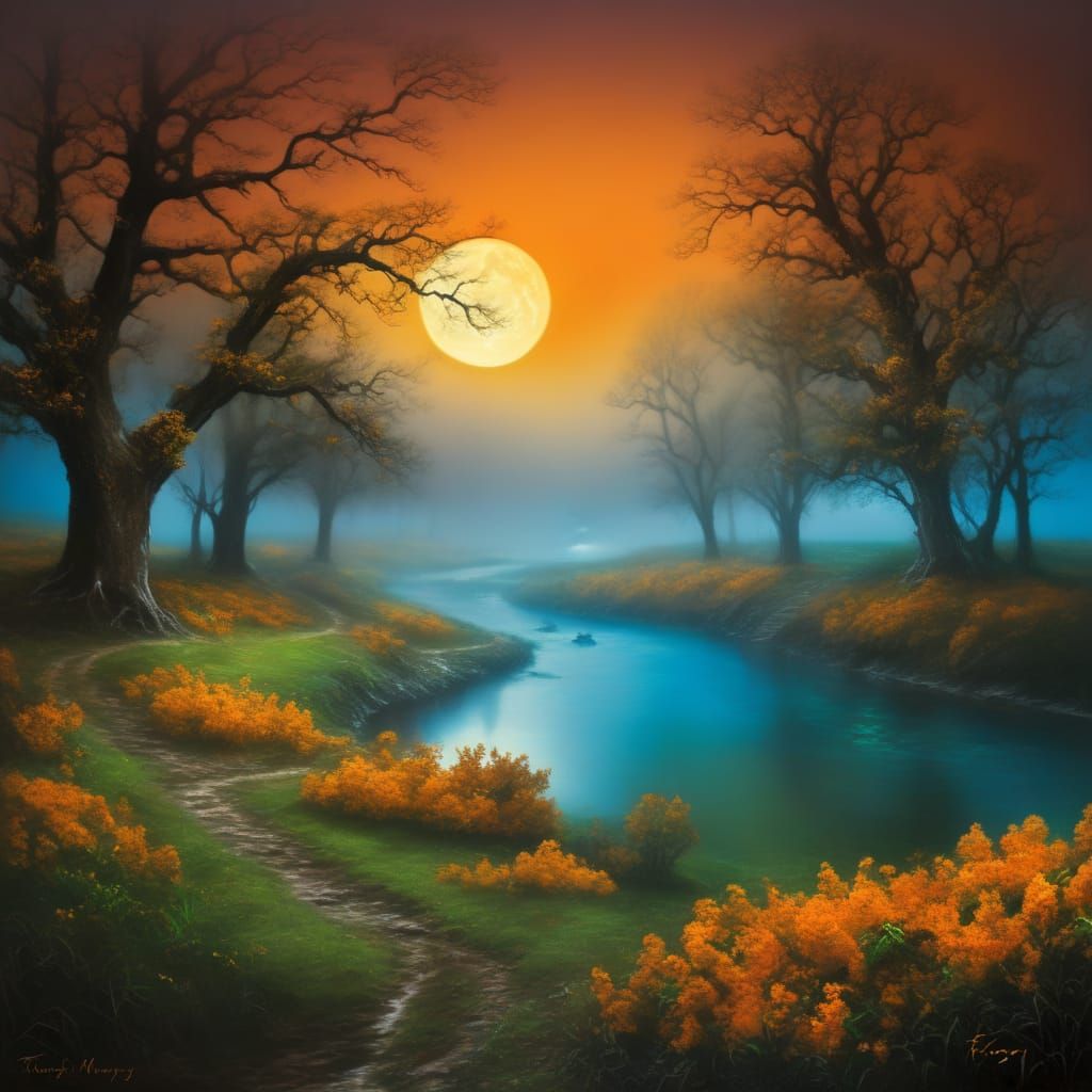 Large oak trees line the flowing  river