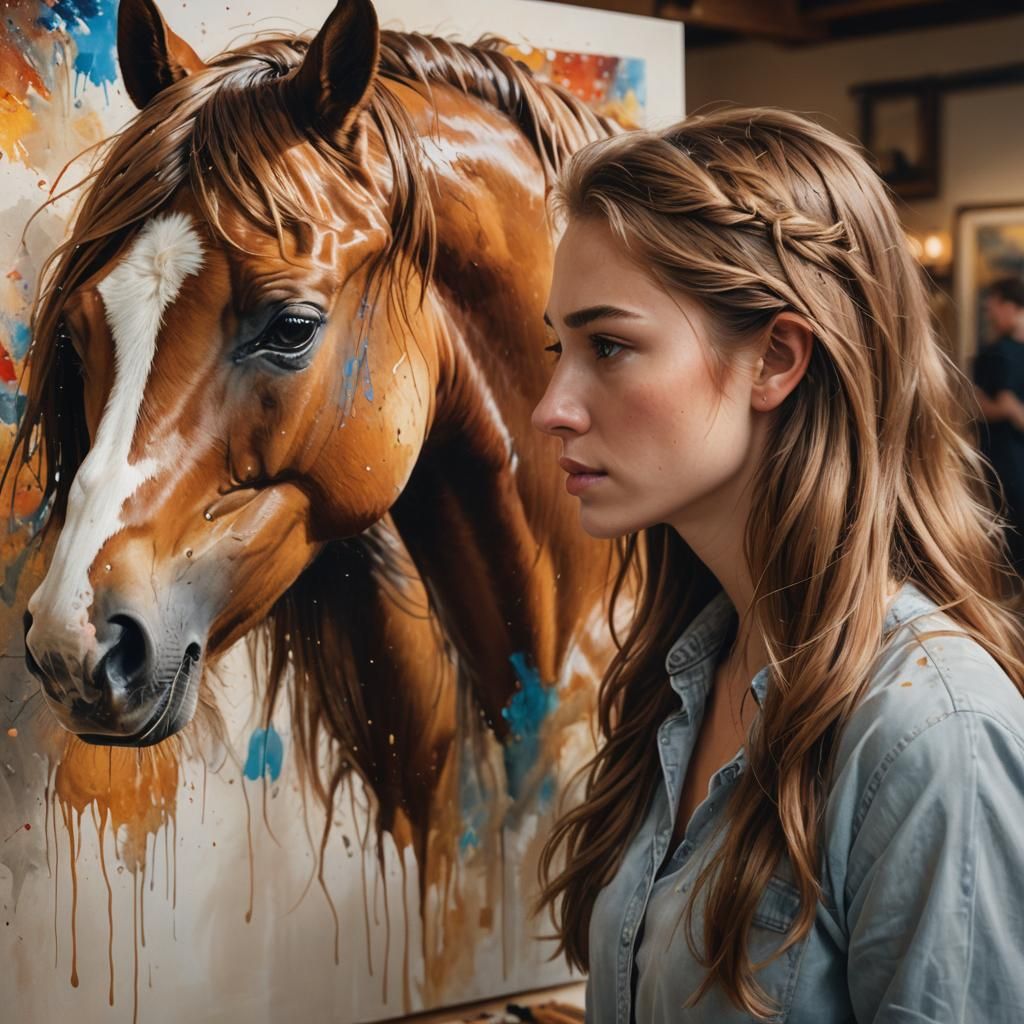 Short young woman with long light brown hair looks at a pain...