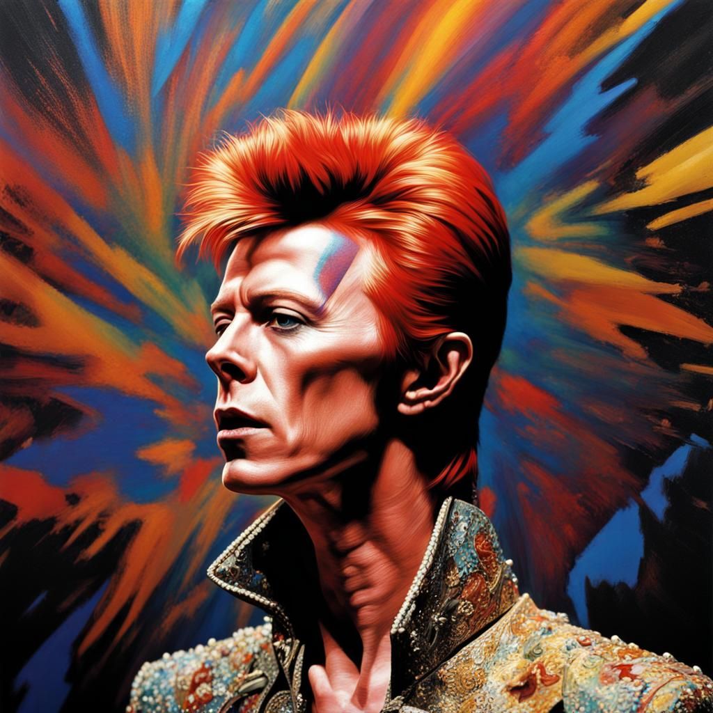David Bowie as Ziggy Stardust Hyperrealistic, splash art, concept art, mid shot, intricately detailed, ...  by @E Philip Brown