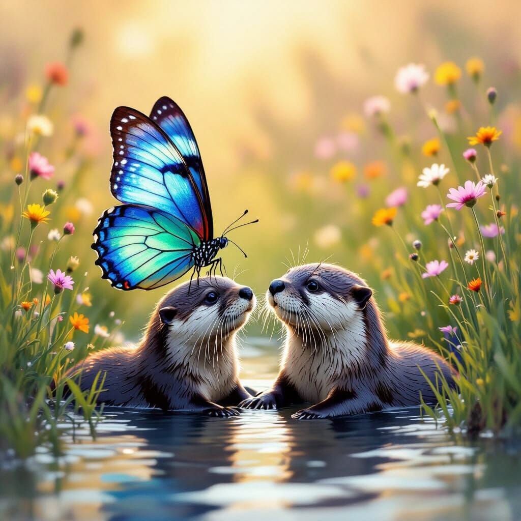 Magical Butterfly and Otter in Golden Hour Light
