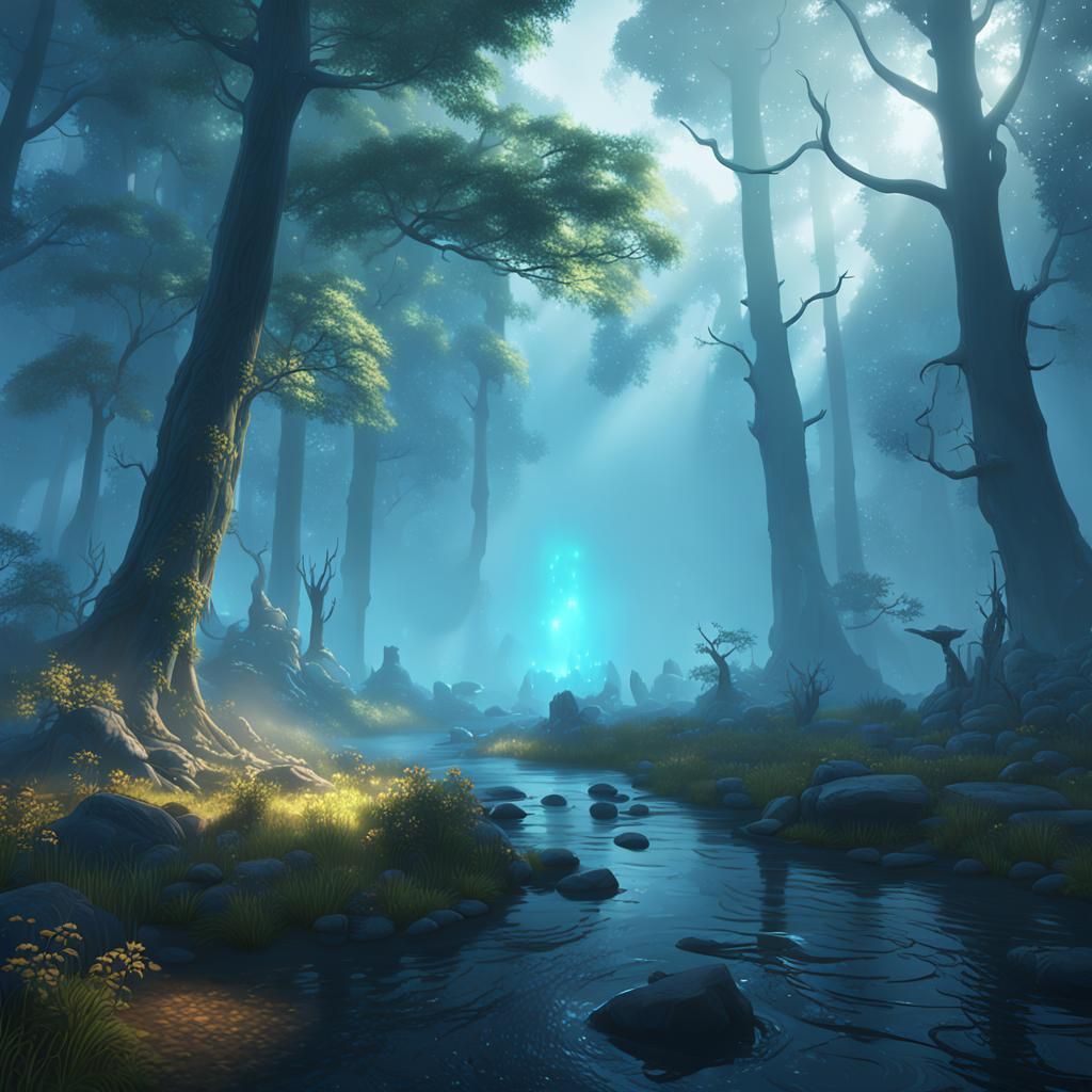 Whispering Woods. Soft, luminous glowing energy floats throu...