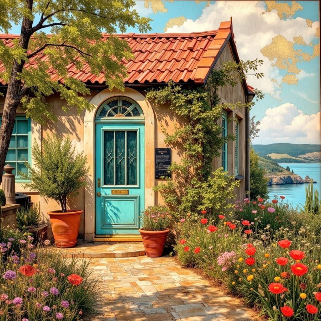Mystic Watercolor Cottage Overlooking Sea