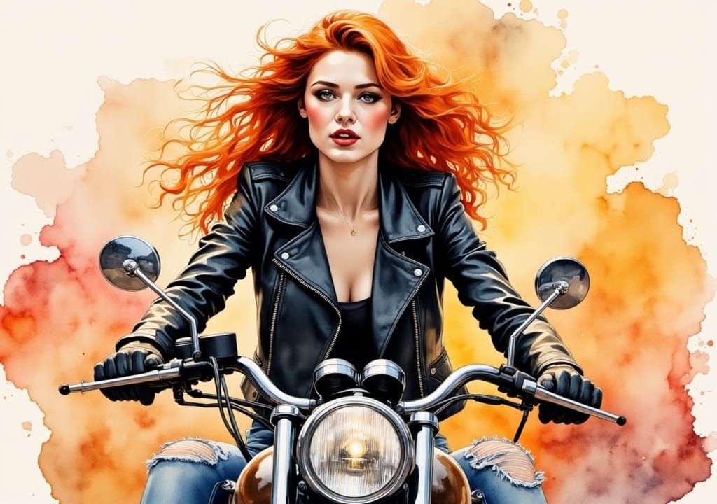 <lora:Watercolor Flux:1.0> Soft textured watercolor centered joyful portrait of a beautiful redhead girl riding a motorcycle. Masterpiece, I...