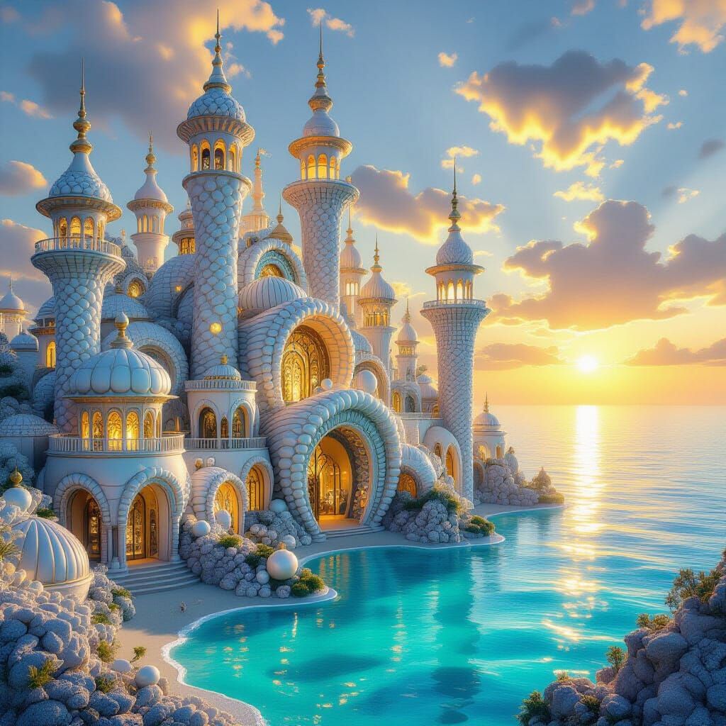 Seashell City on Turquoise Sea at Sunset