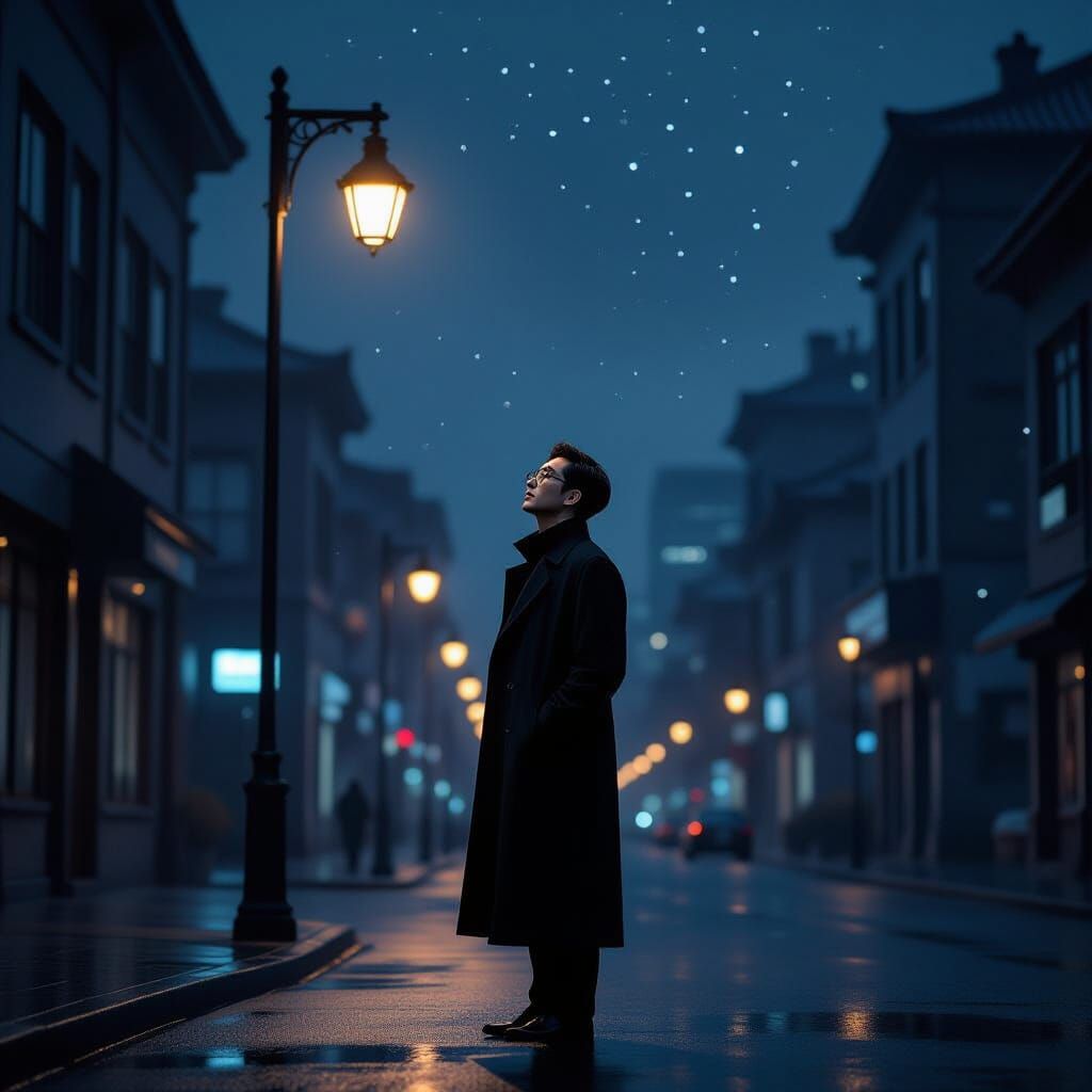 A lone Korean man stands on a deserted, rain-slicked street at night, illuminated by the soft glow of a single streetlamp. The surrounding b...