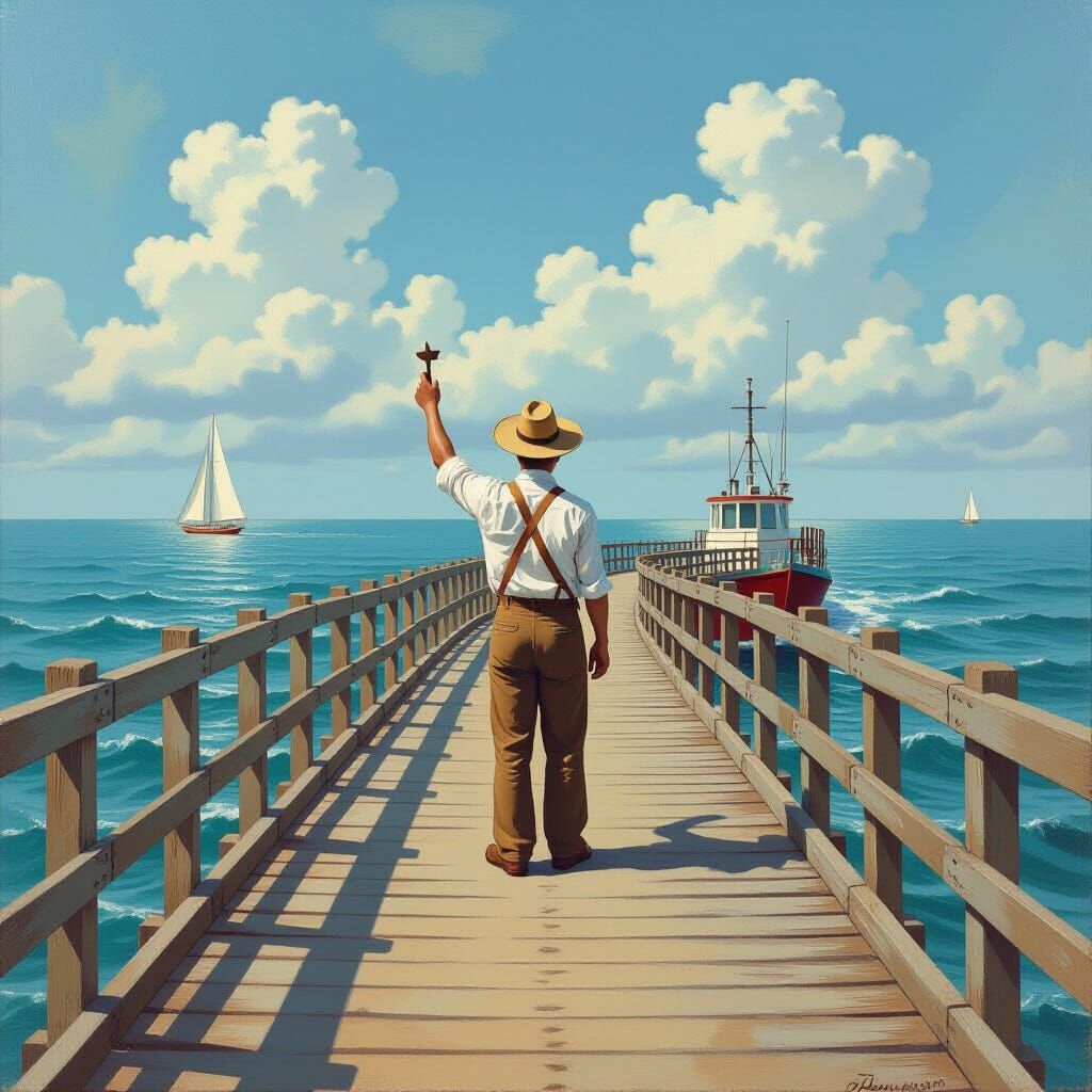 Man on Bridge Over Black Sea, Romantic Oil Painting