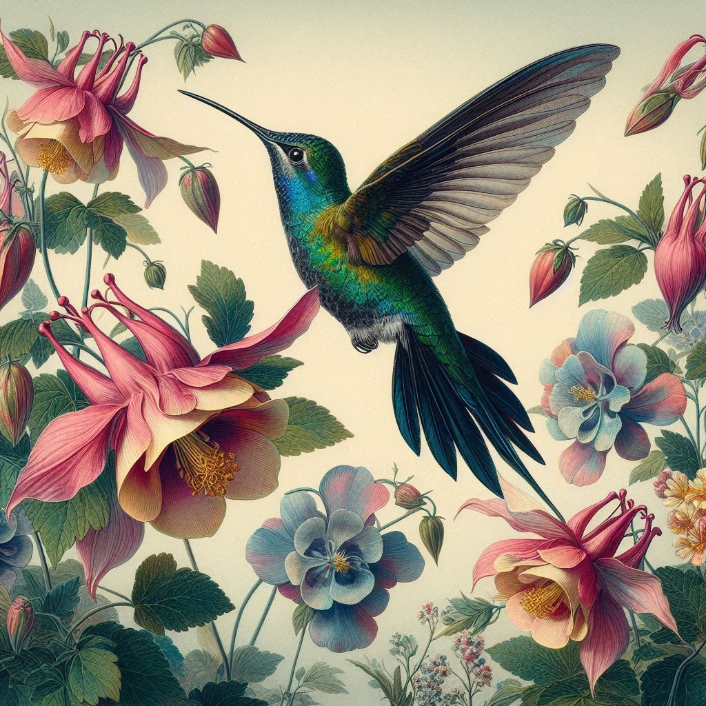 A hummingbird turns towards the garden  in a botanical illustration