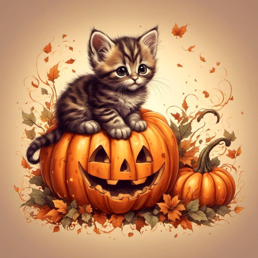 <lora:Cutie Pie Halloween:1.0> kitten on pumpkin, digital illustration 