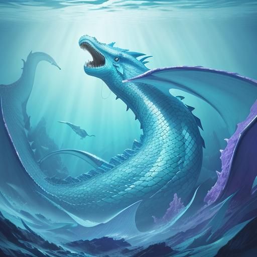 Giant Dragon Serpent in Underwater Cave: Watercolor Art
