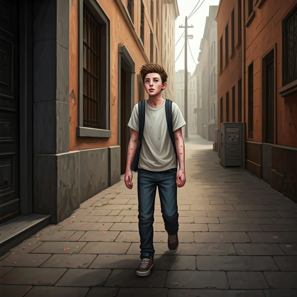 Teenager Walking Down City Street with Vivid Acne