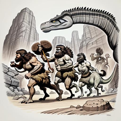 a caveman drawing where cave people are runing from Trex