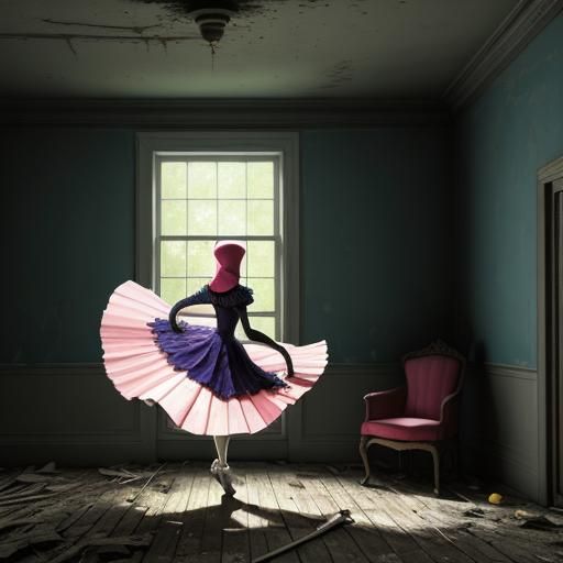 Hooded Pink Ballerina in Abandoned country mansion with mold...