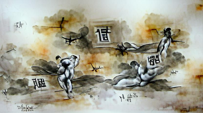 Nude Gymnast in Flight: Sumi Ink Wash Style
