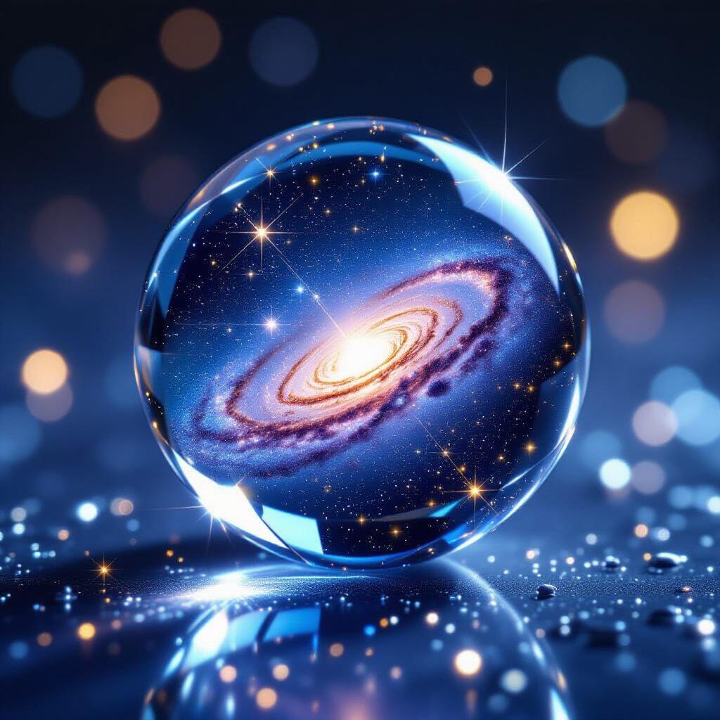 Crystal Glass Bead Reflects Galaxy and Shooting Stars