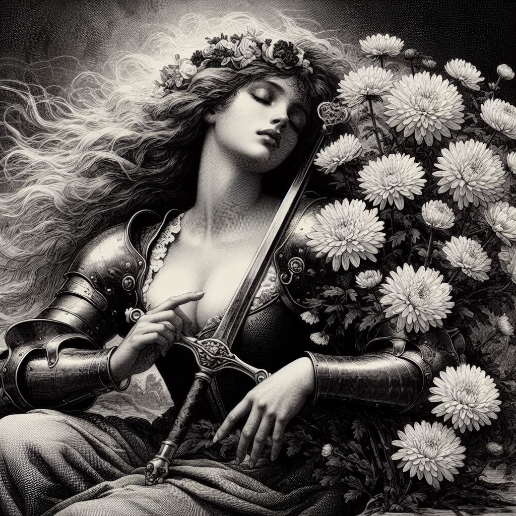 Beautiful female knight + sword + chrysanthemums