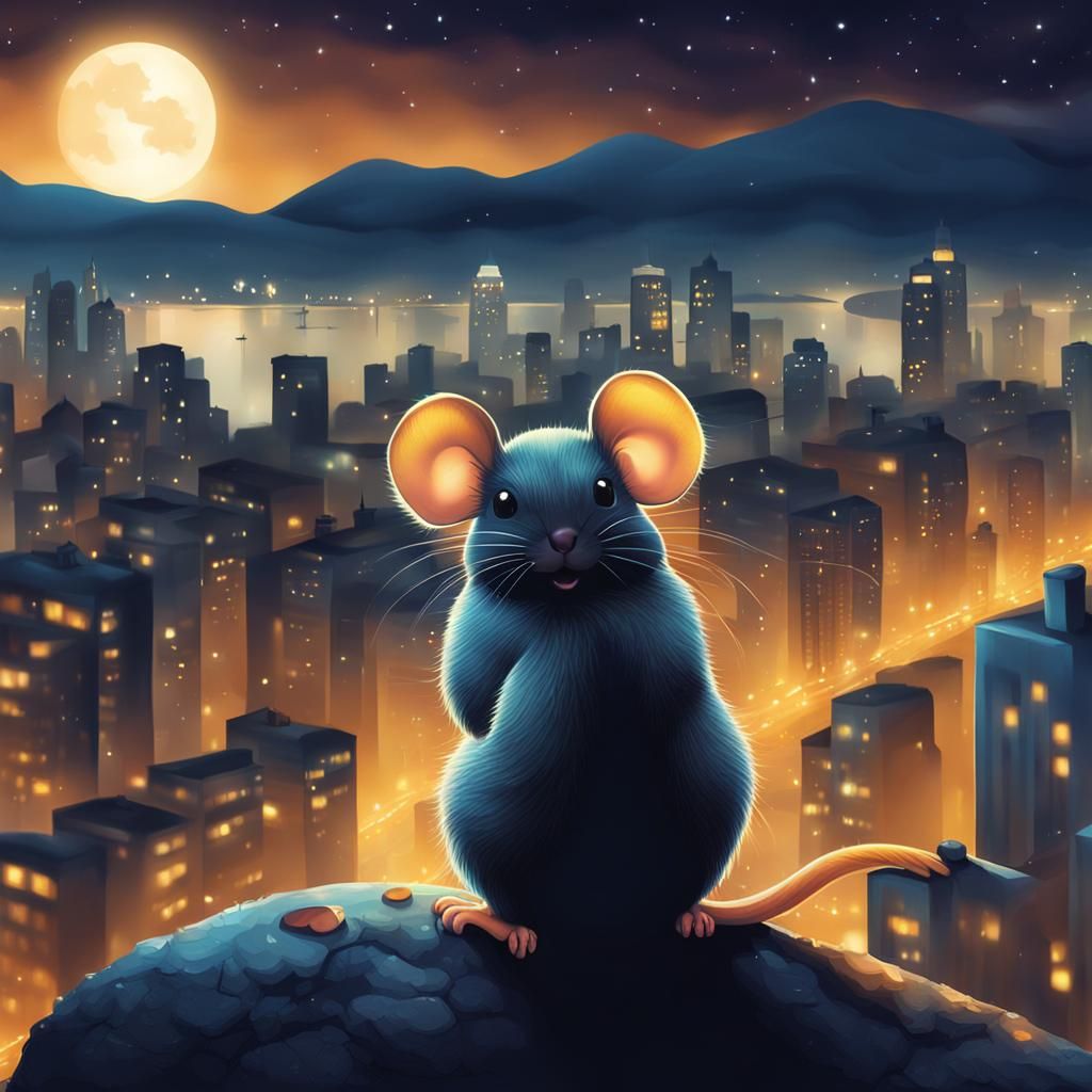 Cute Mouse looking over a city by night