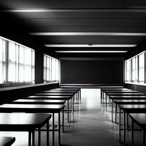 A dark empty school classroom with pictures of nostalgic mem...