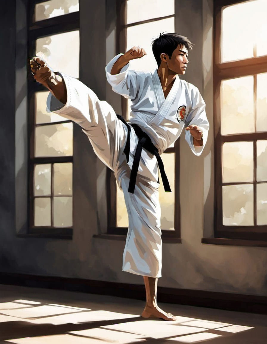 Ink drawing with watercolor. A young karate student practices a flying kick in a traditional dojo. The ...  by @Schokoface