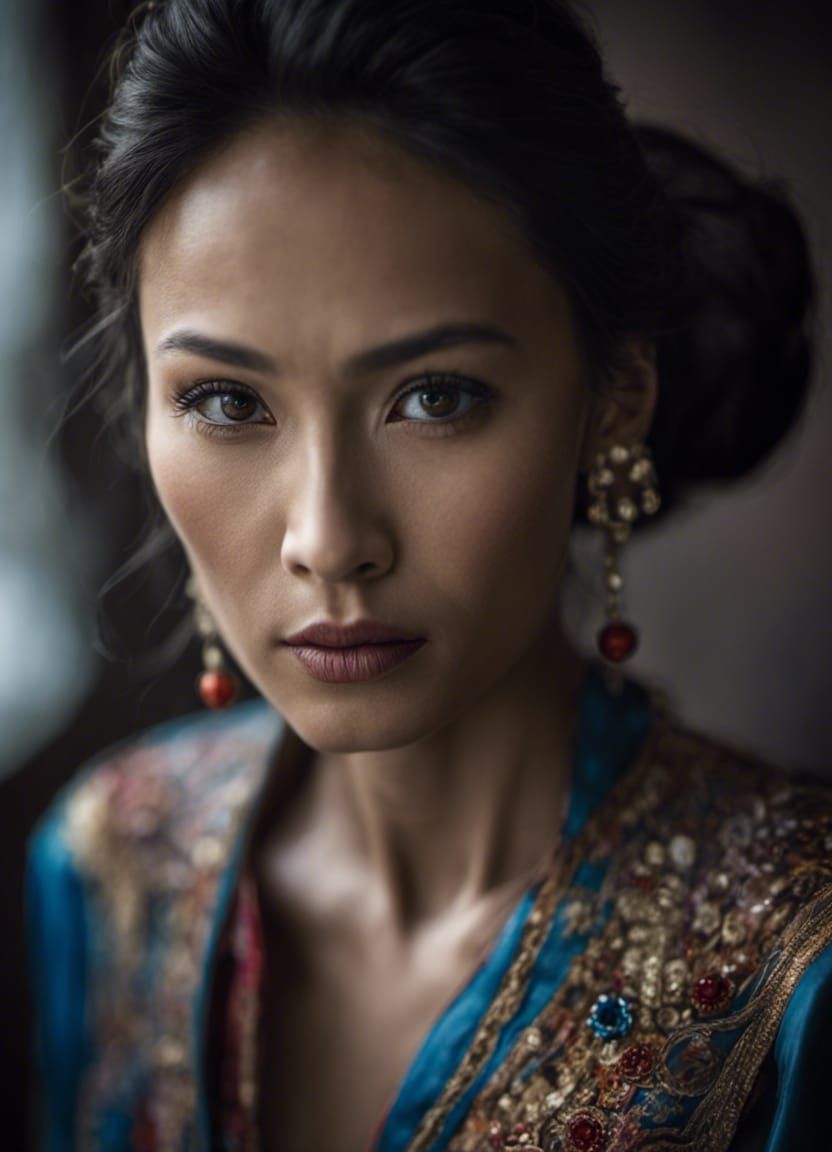 Close up portrait of mysterious woman, european chinese, haz...