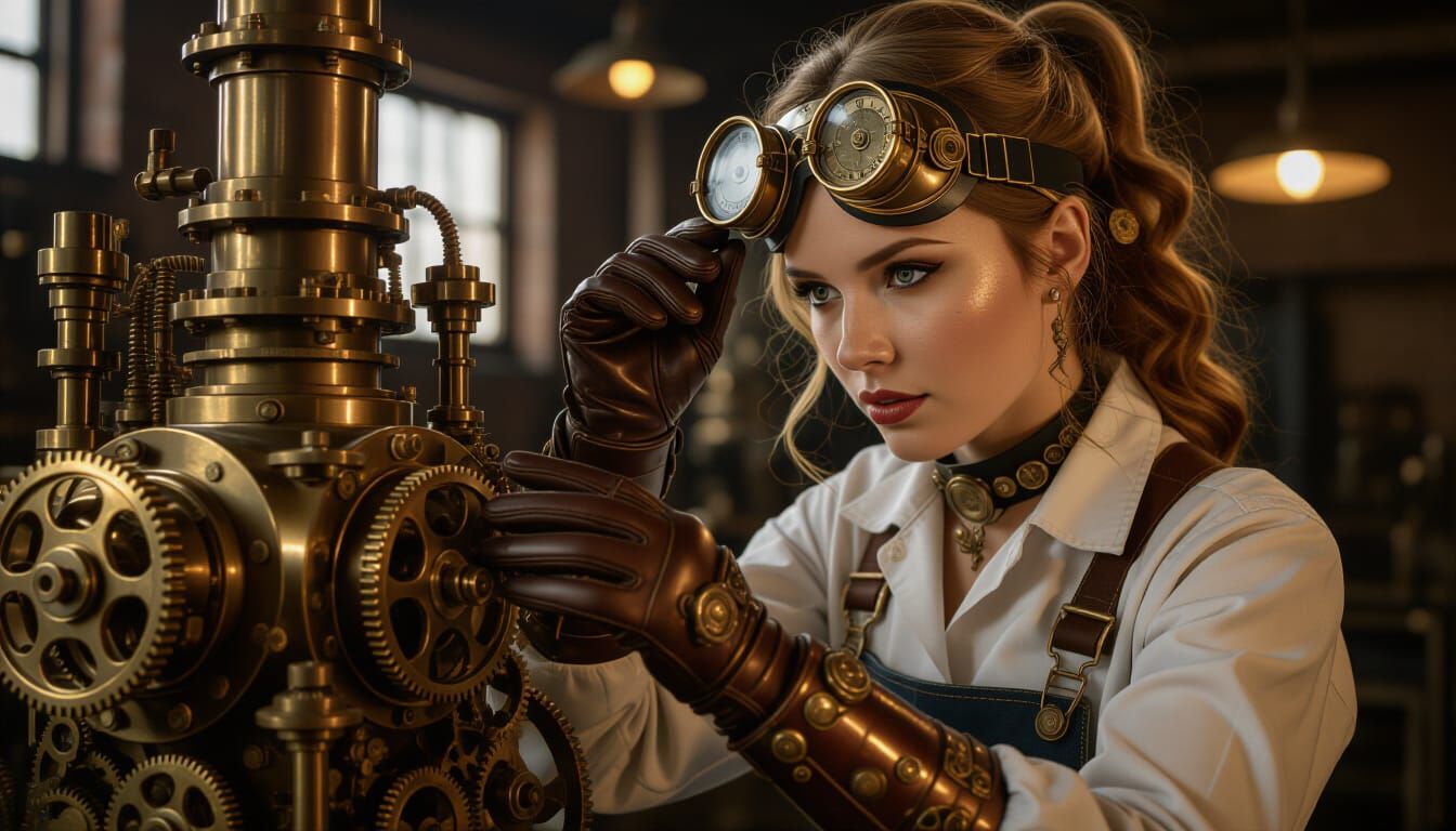 (0 likes) A beautiful steampunk mechanic, repairing a steam engine robot  by @KinginYellow2