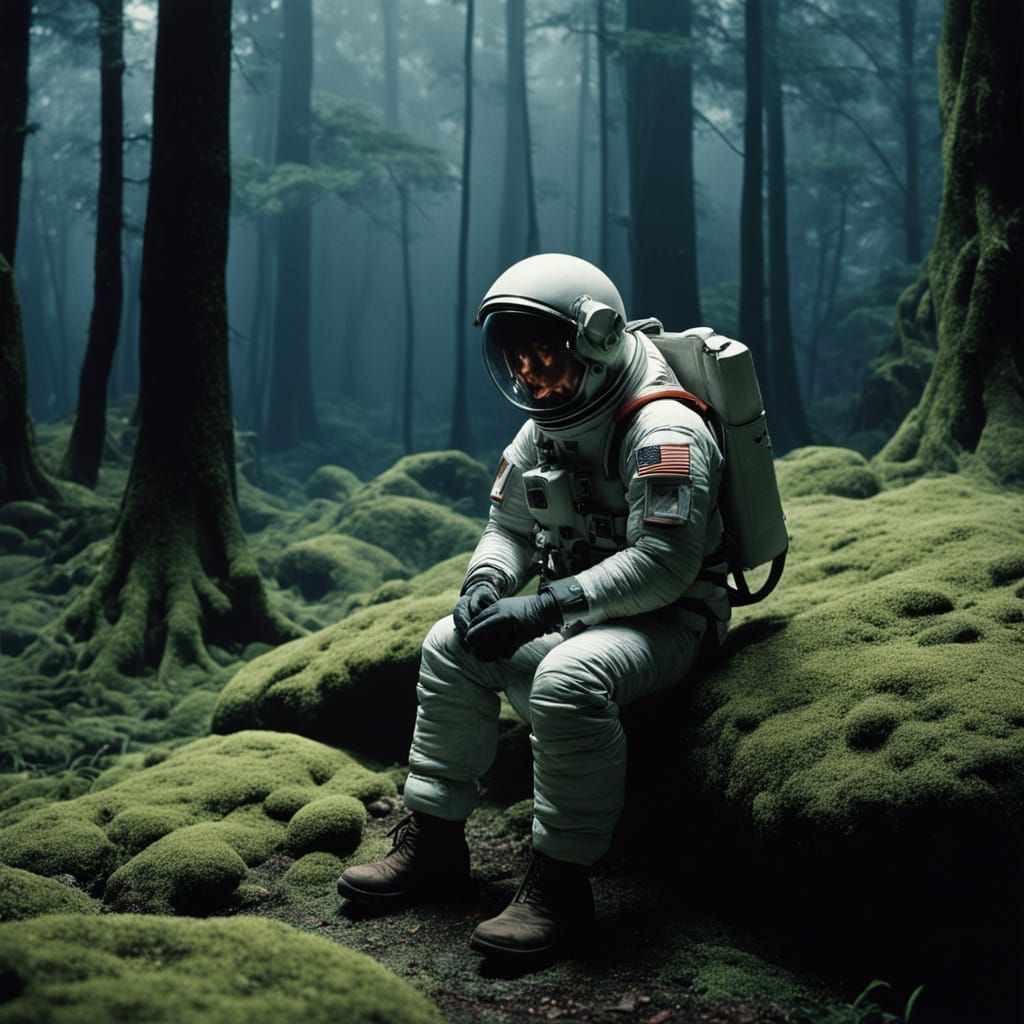 Envision a serene scene of a lone astronaut sitting on a moss-covered rock in an alien forest, gazing up at a sky filled with swirling nebul...
